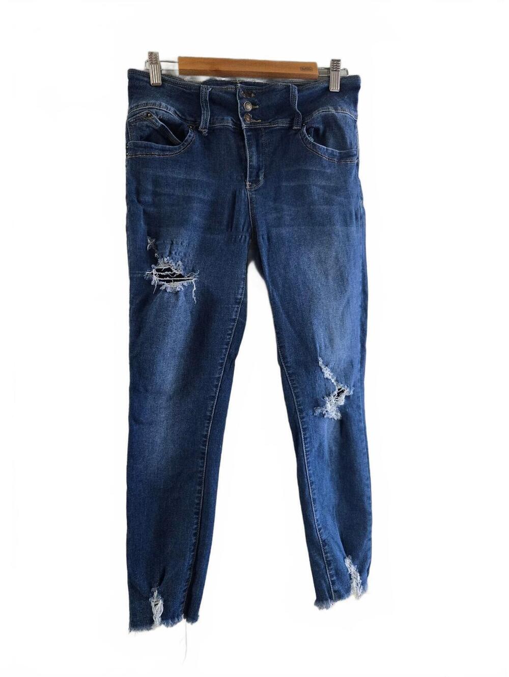 YMI Jeans Distressed Blue Denim Skinny Jeans with Button Fly
